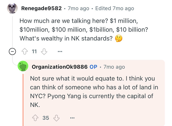 Screenshot of an online discussion about wealth standards in North Korea with a user explaining Pyongyang as the capital.