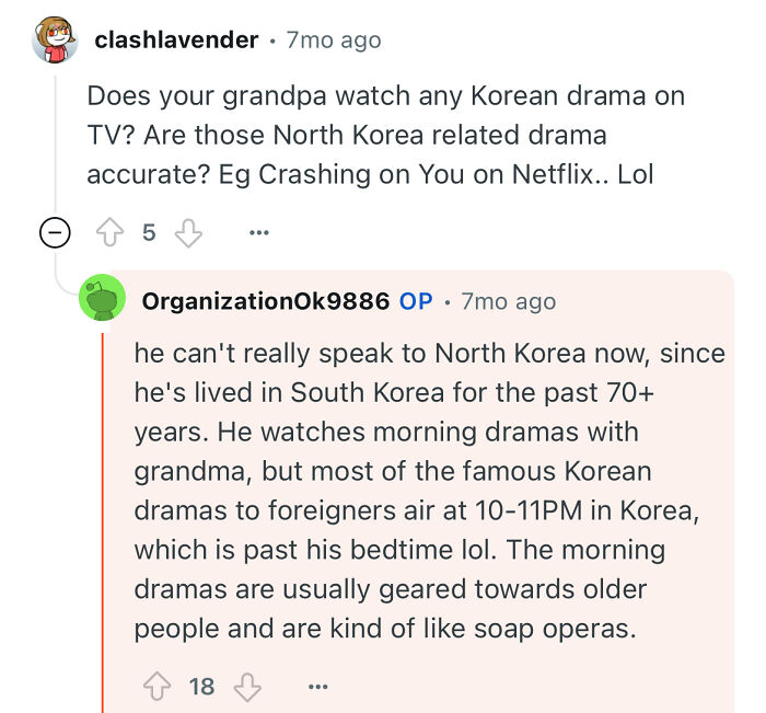 Reddit conversation about a grandfather who escaped North Korea sharing his life experiences and watching Korean dramas in South Korea.