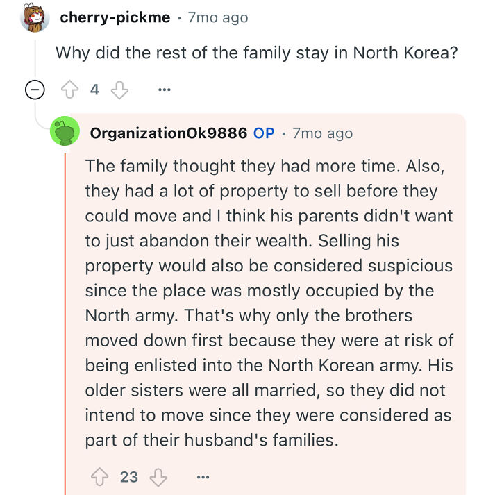 Reddit conversation about a North Korean escapee’s family choices and life risks under North Korean army control.