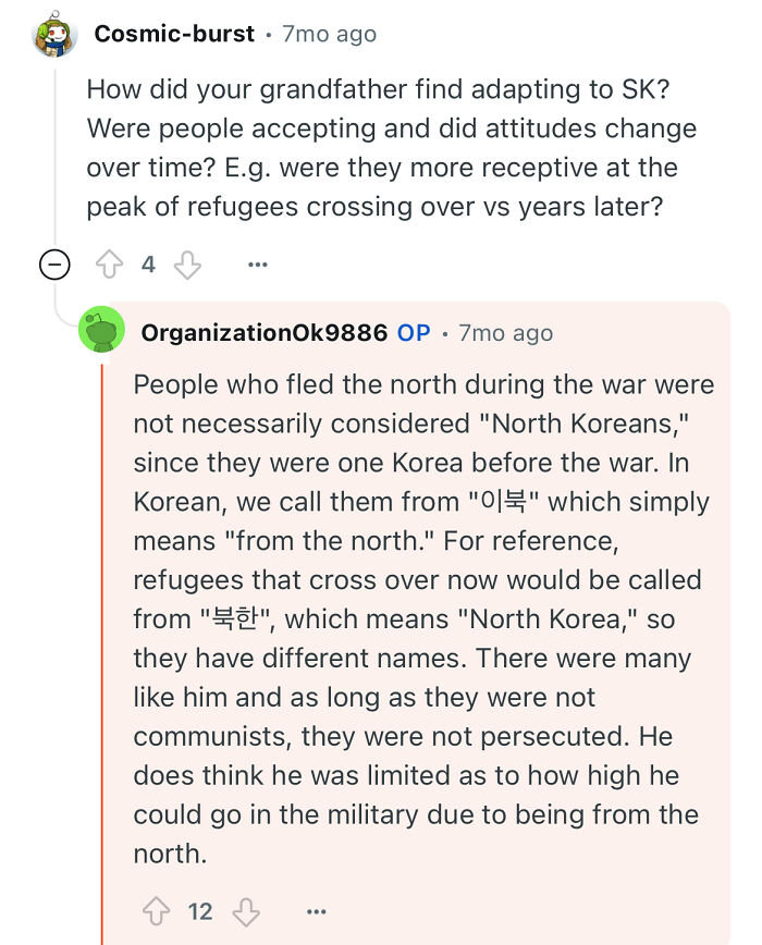 Conversation about a grandfather who escaped North Korea, discussing adapting and perceptions of refugees over time.