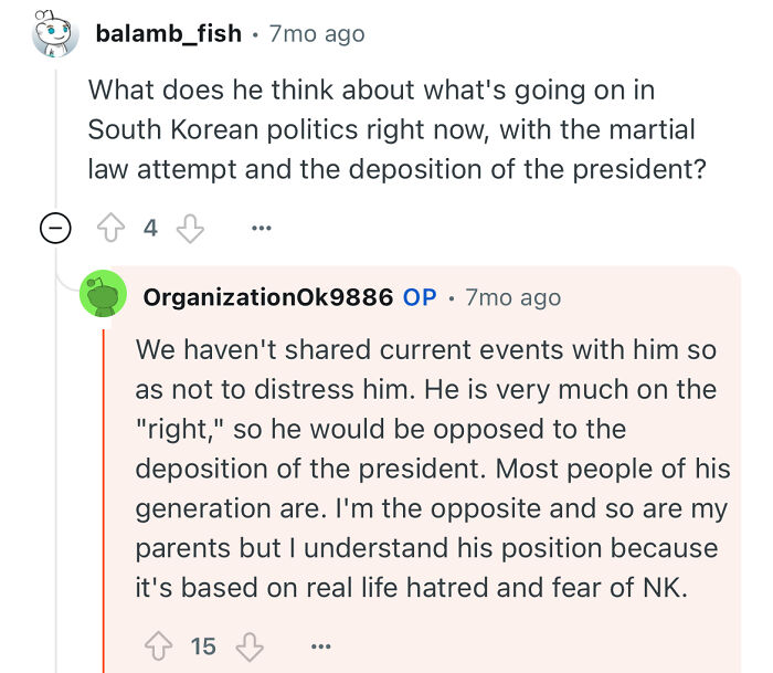 Reddit conversation discussing a grandfather who escaped North Korea and his views on South Korean politics.