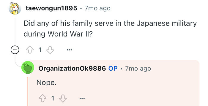 Reddit user asking about family military history, part of discussion on a grandfather who escaped North Korea life story.