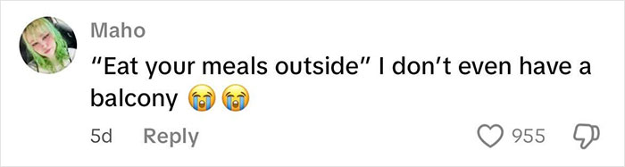 Comment about eating meals outside as a weird habit that might improve mental and physical health, with emojis and no balcony mention.