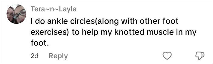 User comment about doing ankle circles as a weird habit that might improve mental and physical health for muscle relief.