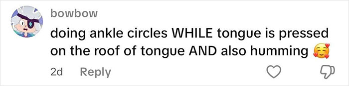 Comment about doing ankle circles while pressing tongue on the roof and humming to improve mental and physical health.