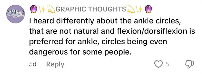 Screenshot of a social media comment discussing ankle circles and their impact on physical health and mental well-being.