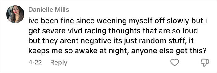 Screenshot of a social media comment describing severe vivid racing thoughts linked to antidepressant withdrawal effects.