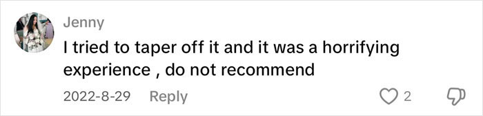 Screenshot of a comment from Jenny sharing an antidepressant withdrawal horror story about a terrifying experience.