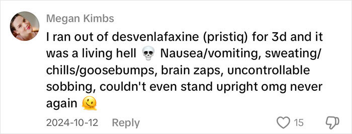 Comment detailing severe antidepressant withdrawal symptoms like nausea, sweating, brain zaps, and uncontrollable sobbing experiences.
