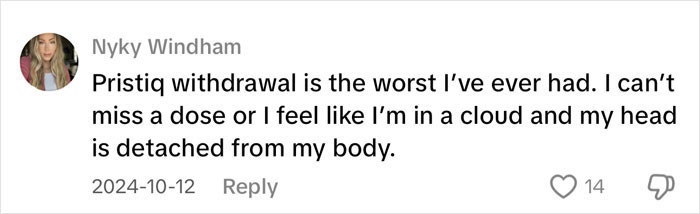 Comment from a user sharing an antidepressant withdrawal experience describing severe symptoms and feeling detached.