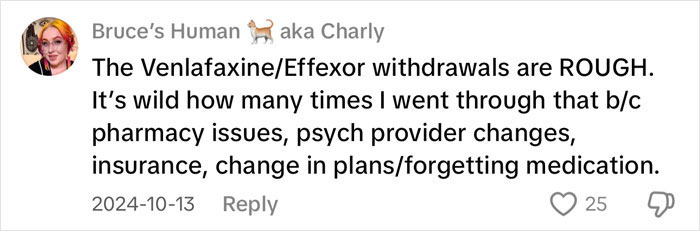 Comment by user discussing the rough experience of antidepressant withdrawal and related challenges with medication access.