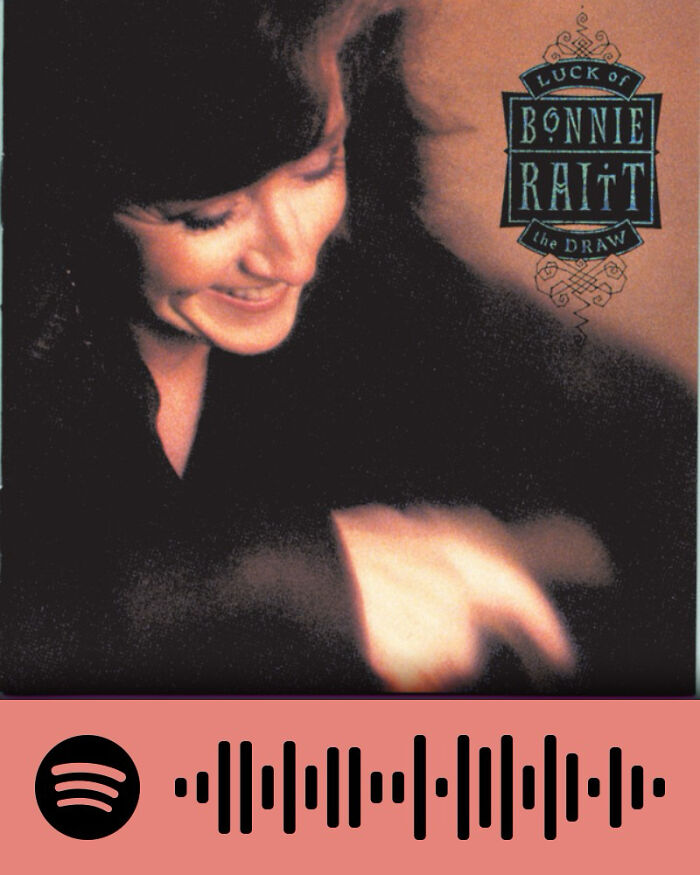Album cover of Bonnie Raitt smiling with Spotify code, related to songs that hurt so good and keep listeners coming back.