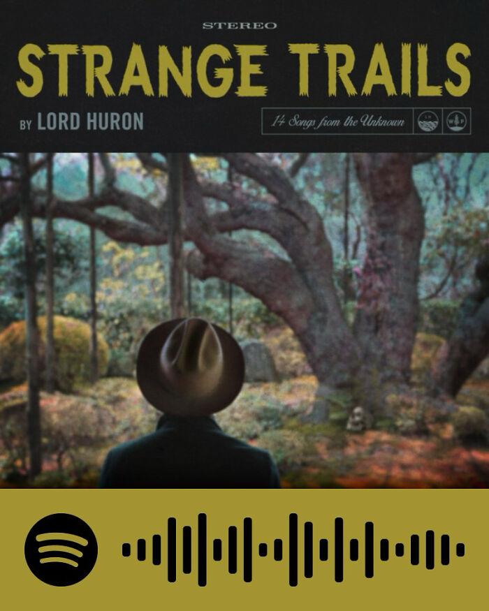 Album cover of Strange Trails by Lord Huron showing a person with a hat facing large trees, linked to songs that hurt so good.