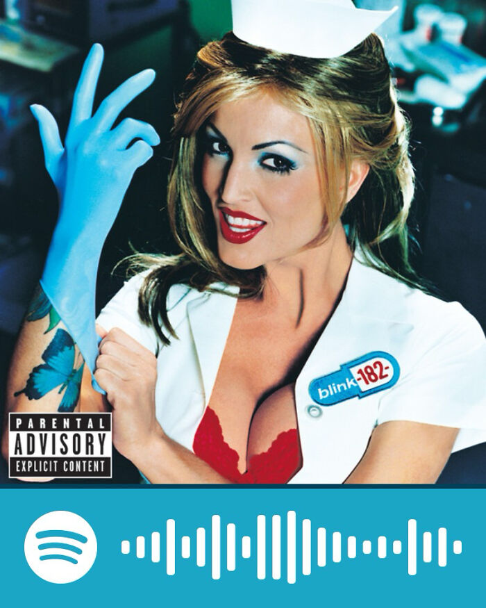 Woman dressed as a nurse from a blink-182 album cover, representing songs that hurt so good in music culture.