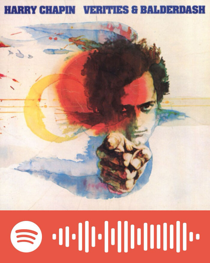 Album cover art of Harry Chapin’s Verities & Balderdash with an abstract face pointing, representing songs that hurt so good.