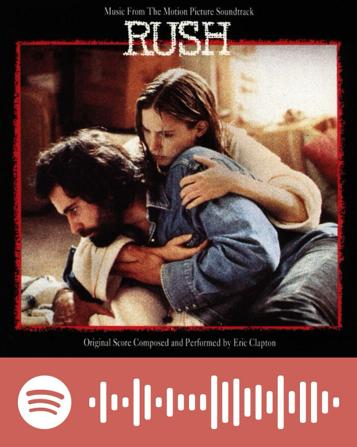 Album cover showing two people embracing with the text rush and original score by Eric Clapton, related to songs that hurt so good.
