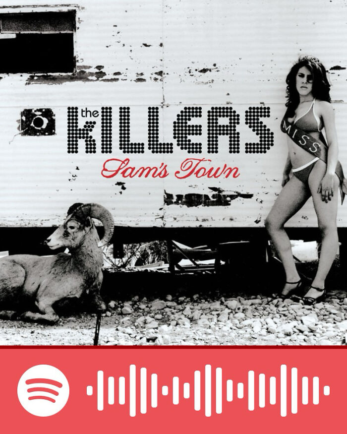 Album cover featuring the Killers' Sam’s Town with a woman in a bikini and a ram, representing songs that hurt so good.