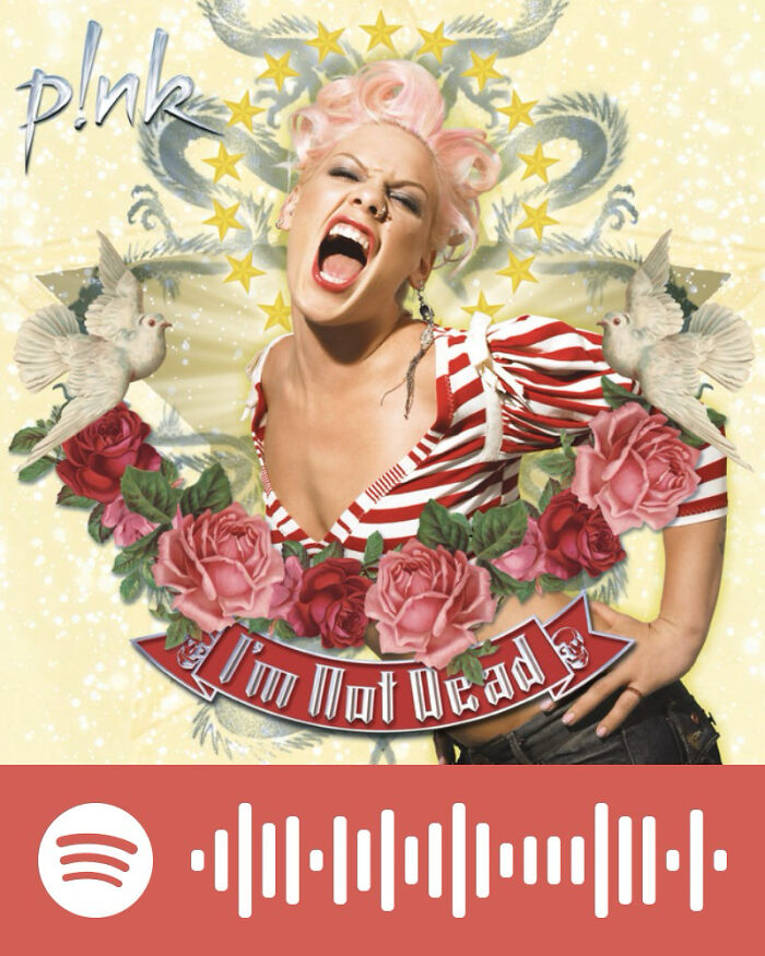 Pink in a striking pose surrounded by roses and doves, representing songs that hurt so good with lasting appeal.