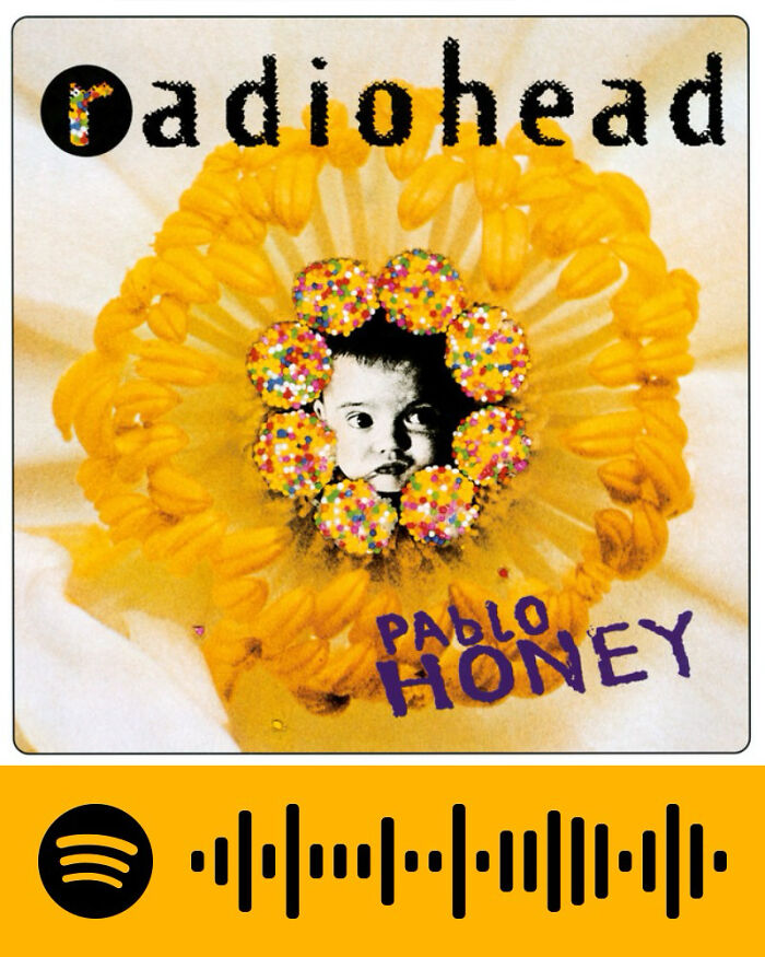 Radiohead Pablo Honey album cover with baby face and colorful candy flowers, related to songs that hurt so good.
