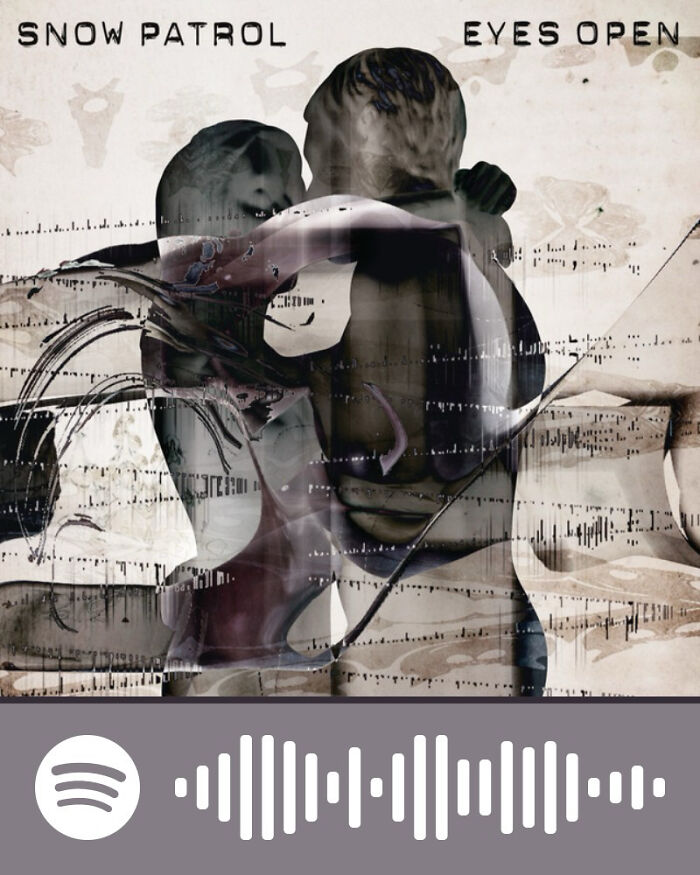 Abstract album cover featuring two figures embracing with musical notes overlay, representing songs that hurt so good.