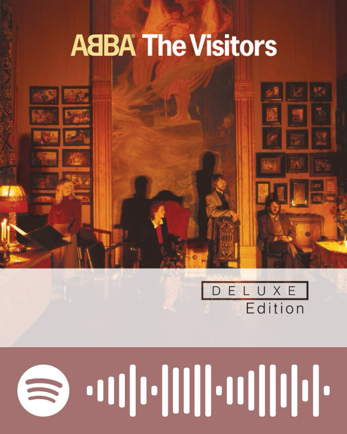 ABBA The Visitors album cover in a dimly lit room with four members, representing songs that hurt so good.