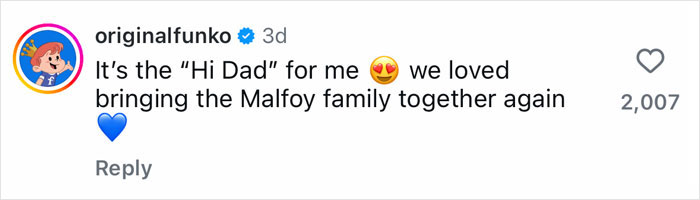 Comment from originalfunko on social media about Harry Potter stars' surprise reunion featuring the Malfoy family.