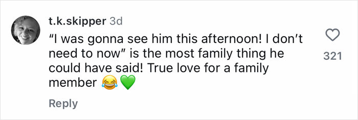 Comment from t.k.skipper expressing love for family and mentioning a surprise reunion of Harry Potter stars.