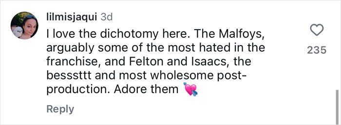 Screenshot of a Twitter comment praising the dichotomy between Malfoy actors Felton and Isaacs after a Harry Potter stars reunion.