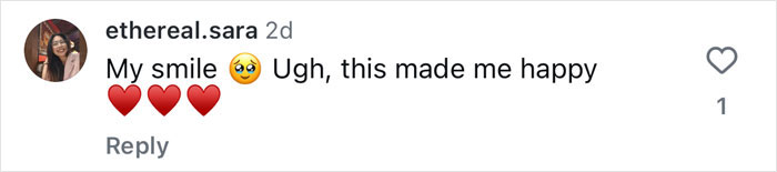 Comment on social media post expressing happiness with heart emojis, related to Harry Potter stars surprise reunion.