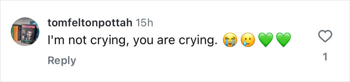 Comment from Tom Felton expressing emotional reaction with crying emojis and green heart emojis on social media post about Harry Potter stars reunion.