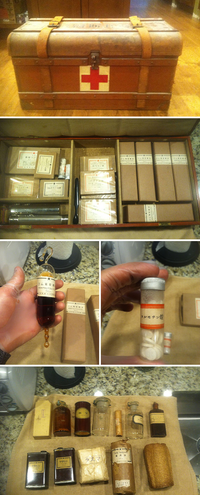 Vintage medical kit with old pharmaceutical bottles and supplies showcased in detailed close-up photos