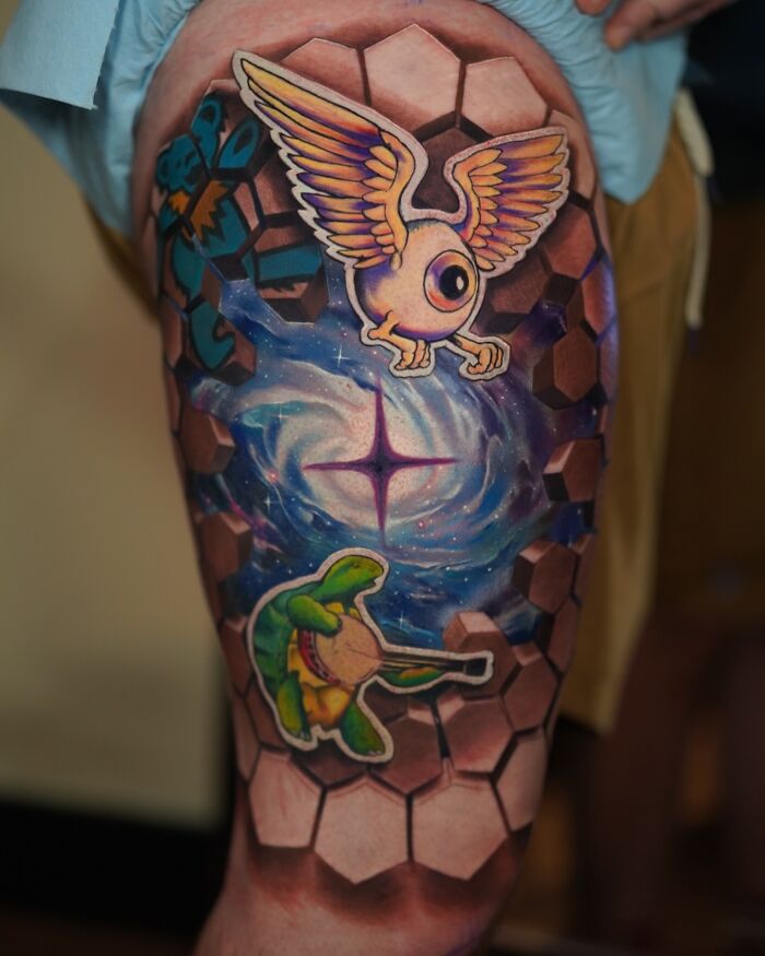 3D tattoo by Jesse Rix featuring a cosmic portal with a winged eyeball and turtle playing a banjo on hexagonal patterns.