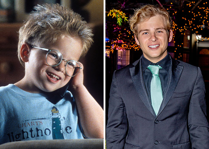 Split image showing iconic ’90s star as a child wearing glasses, and the same person grown-up in a suit at an event.