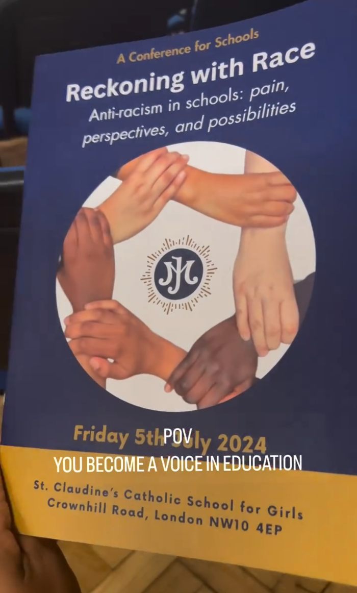 Conference flyer on anti-racism in schools showing diverse hands joined in unity around a circle.