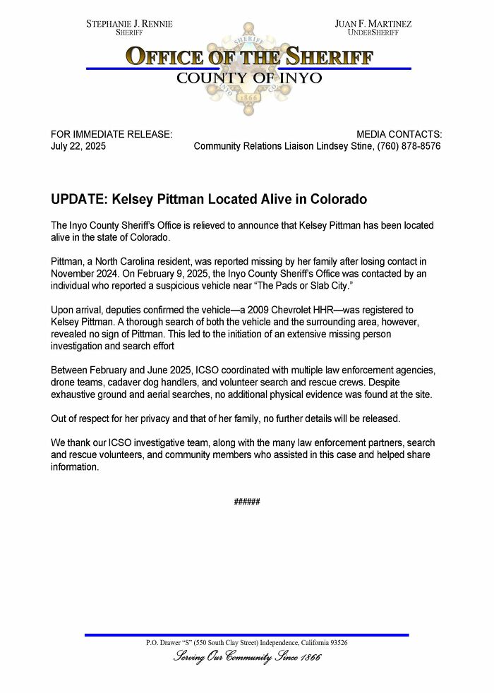 Official notice from Inyo County Sheriff's Office about woman who mysteriously vanished in Death Valley being found alive in Colorado. - 7