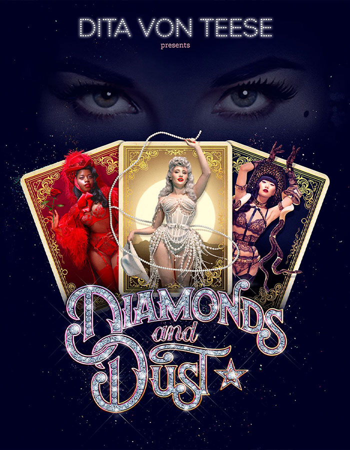 Promotional poster featuring three glamorous women in 90s-inspired fashion with the text diamonds and dust. Promotional poster featuring three glamorous women in 90s-inspired fashion with the text diamonds and dust.