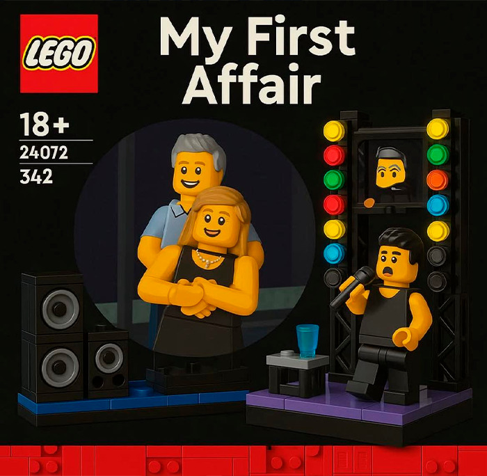LEGO set parody showing a CEO caught cheating with Coldplay Kiss Cam scene and brands mocking the affair from Netflix to Chipotle