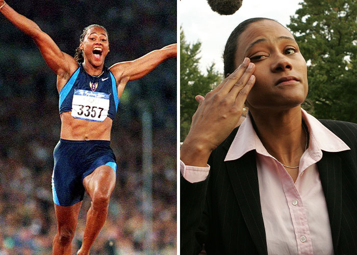 Left image showing a female athlete celebrating victory, right image showing the same woman looking frustrated, representing stars who went from beloved to hated.