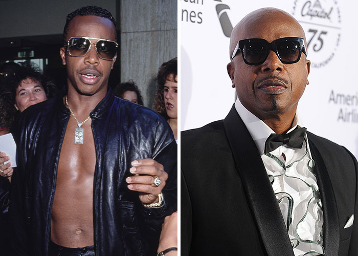 Split image of a male star wearing sunglasses in leather jacket and a male star in tuxedo with bow tie and sunglasses.