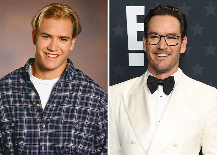 Split image showing iconic 90s star with blond hair in plaid shirt on left and updated look in white tuxedo and glasses on right.