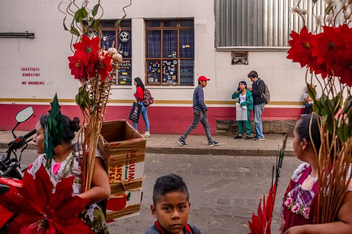 Colorful street scene featuring people walking and interacting, capturing honest street moments and the beauty of everyday life.