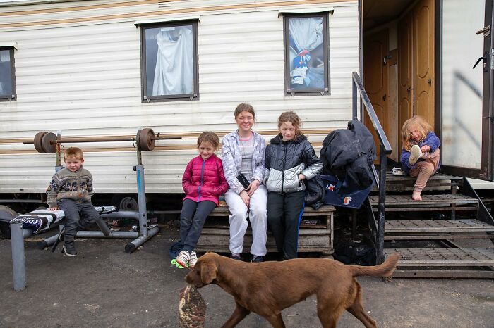 Four Irish Traveller kids sitting outside a trailer with a brown dog walking nearby, showcasing life growing up with animals.