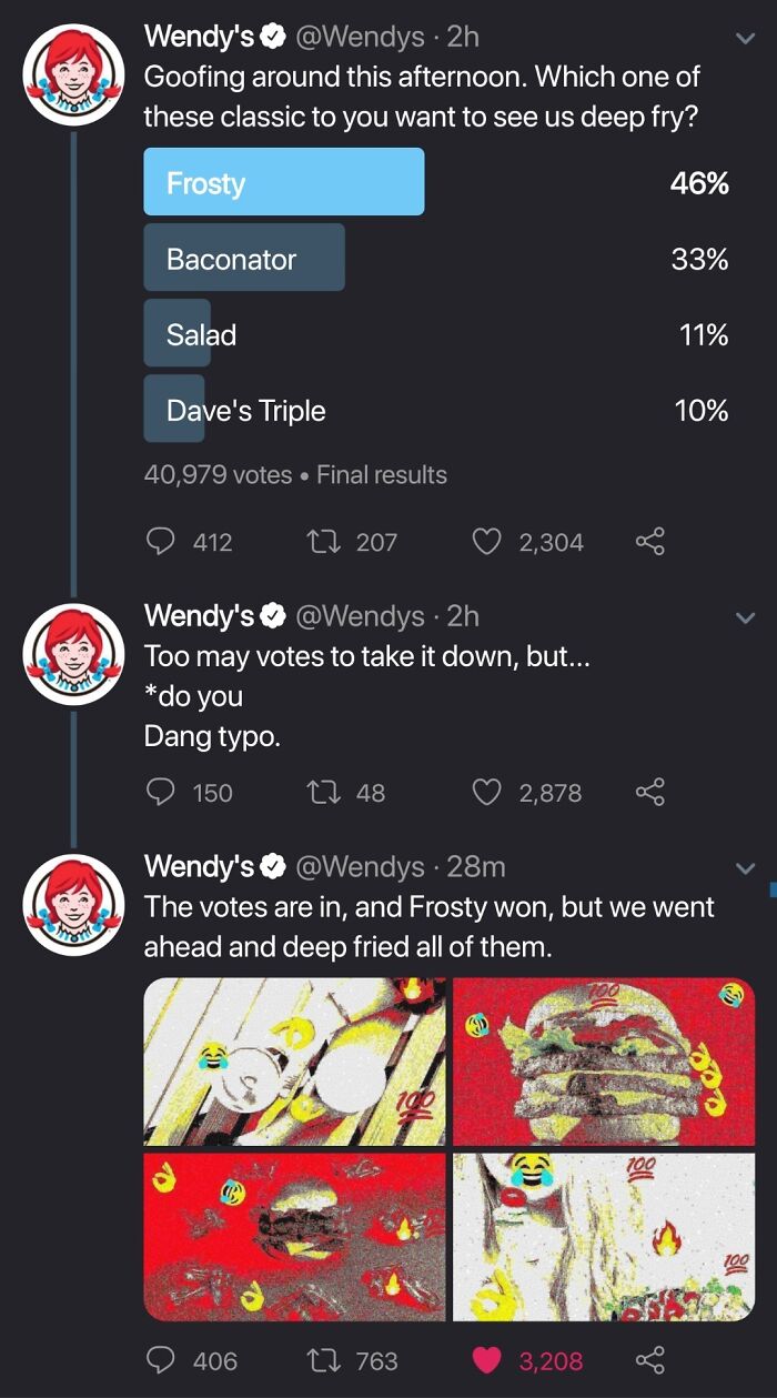Wendy's official social media posts joking about deep frying menu items with funny edited images and high user engagement.