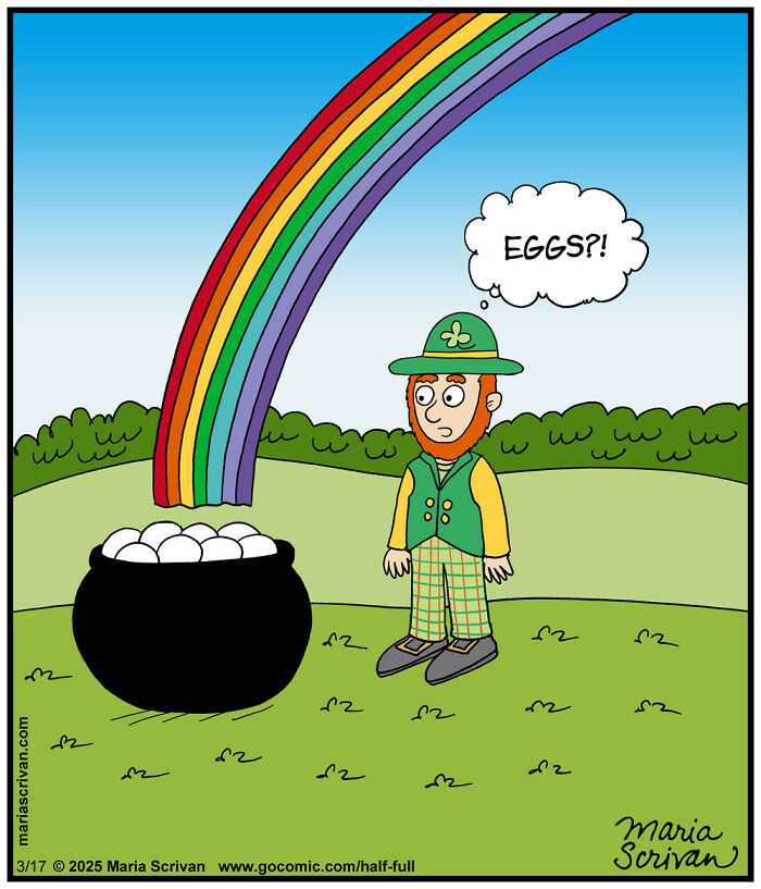 Cartoon of a funny character leprechaun surprised by a pot of eggs at the end of a rainbow in an absurd comic scene.