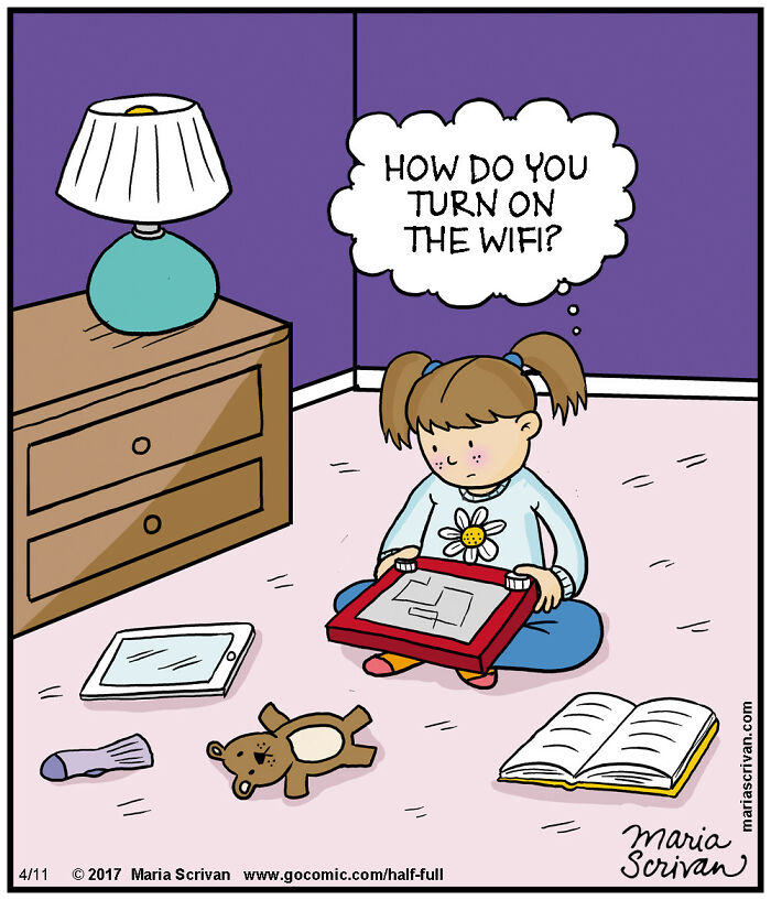 Girl sitting on the floor with funny characters wondering how to turn on the WiFi in this hilarious comic by Maria Scrivan.