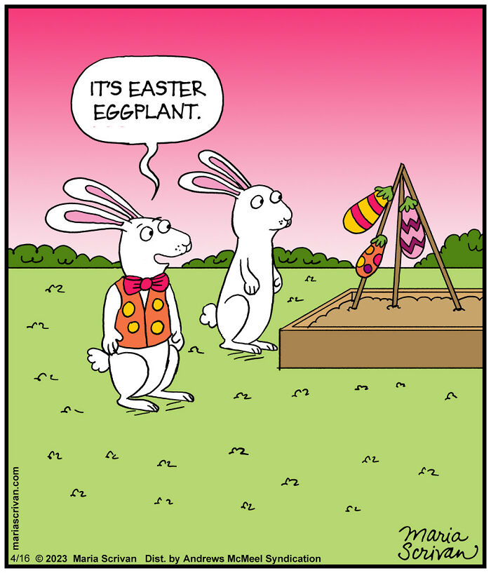 Two funny cartoon rabbits in a comic with absurd situations and humorous dialogue at Easter time.