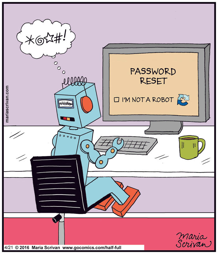Robot frustrated with password reset screen showing a funny comic of absurd situations with humorous characters.