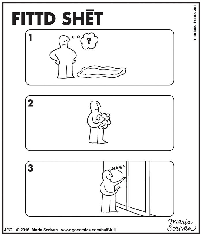 Comic strip with funny characters in absurd situations, showing a person struggling to fit a sheet humorously.