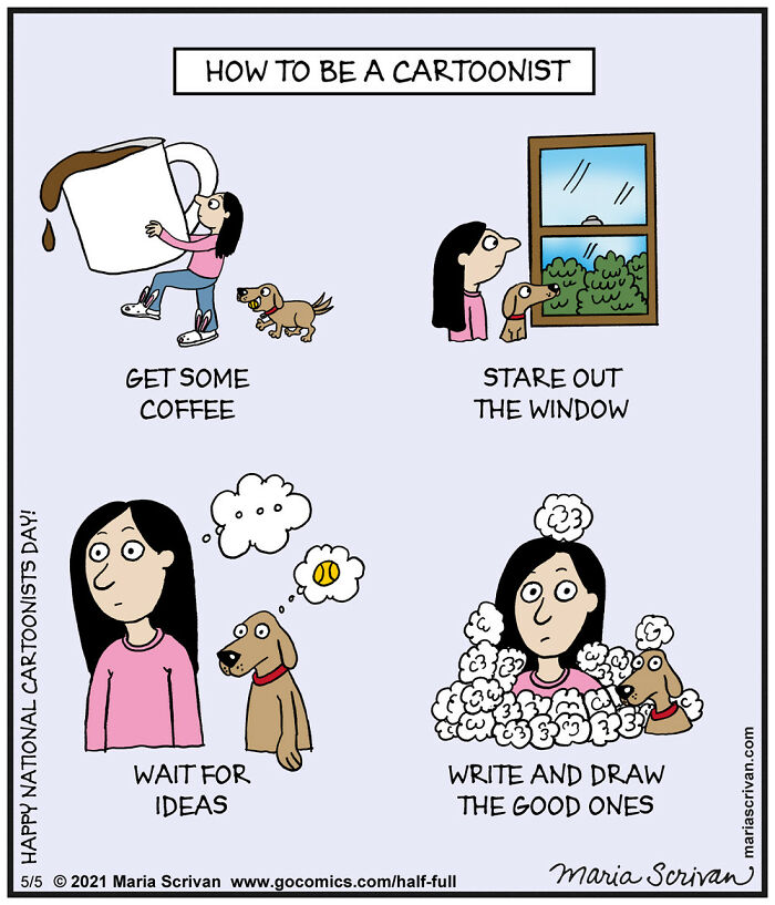 Comic showing funny characters and absurd situations about how to be a cartoonist with coffee, ideas, and drawing.