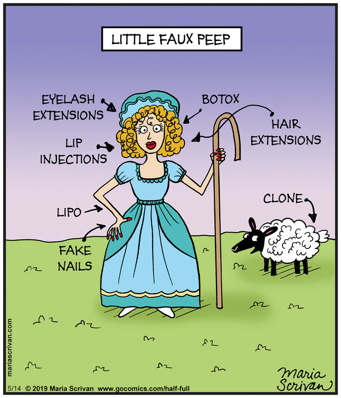 Comic illustration of a funny character labeled with absurd cosmetic enhancements in a humorous cartoon style.